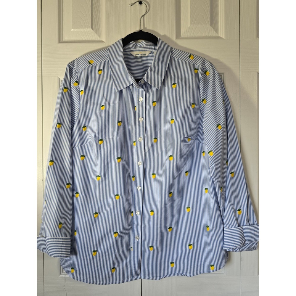 Lemon Way Womens Large Blue White Striped Lemon Embroidered Button Down Shirt